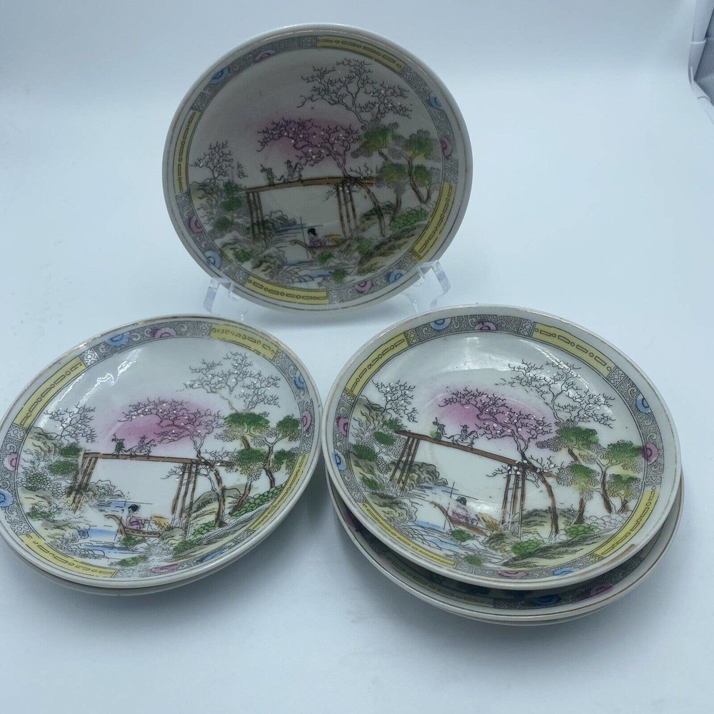 Vintage Small Porcelain Hand Painted Japanese Plate Saucers Gorgeous! 6 count